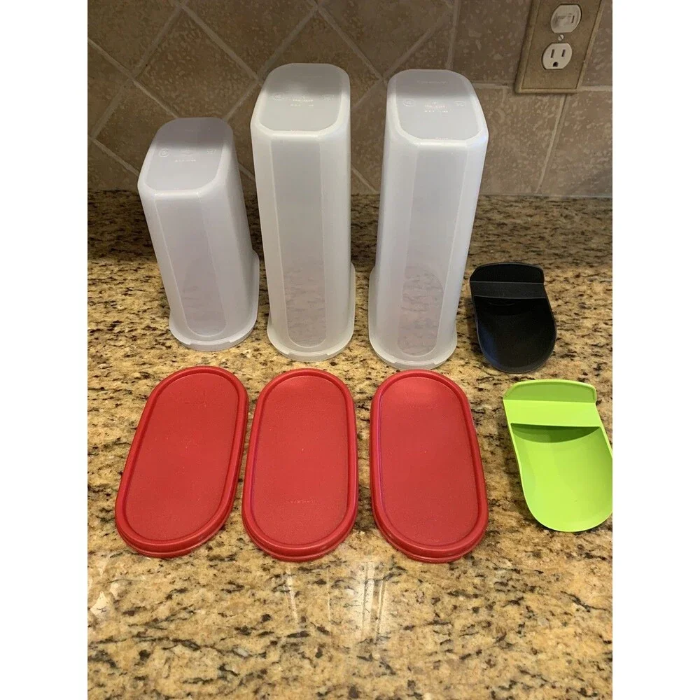 3 Tupperware Oval Modular Mates  (2) 1614, (1) 1613 Red Lids & 2 Rocker Scoops